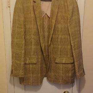 Stylish Brown Plaid 100% Linen Blazer. Sz XXXL (50R)